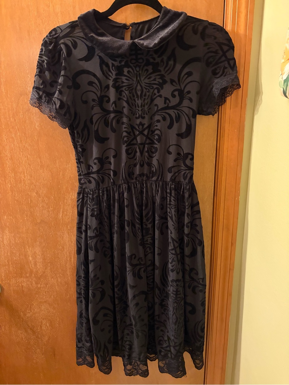 Whimsigoth Black Velvet alternative Fit & Flare Dress with collar witchy goth